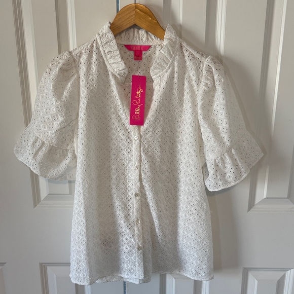 Lilly Pulitzer Tops - Lilly Pulitzer White Eyelet Ruffle Sleeve Button-Front Top
